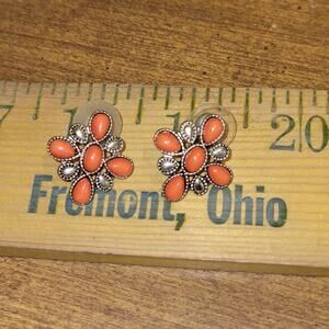 Vintage‎ Style Coral Orange & Silver-Tone Floral Cluster Stud Earrings – Boho...